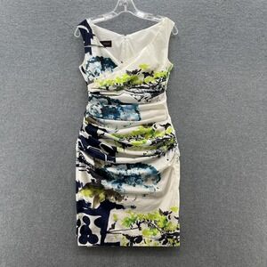 Talbot Runhof Dress 8 White Blue Floral Ruched Sheath Knee Length Garden Party